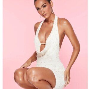 Oh Polly Versailles Deep Plunge Embellishes Mini Dress in White- beaded pearls